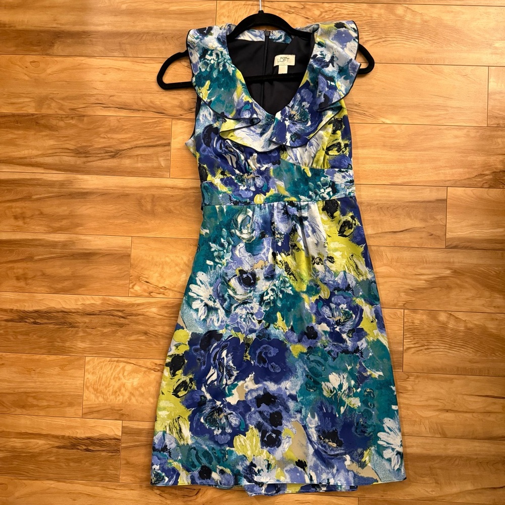 Ann Taylor Loft Blue and Yellow Floral Midi Dress